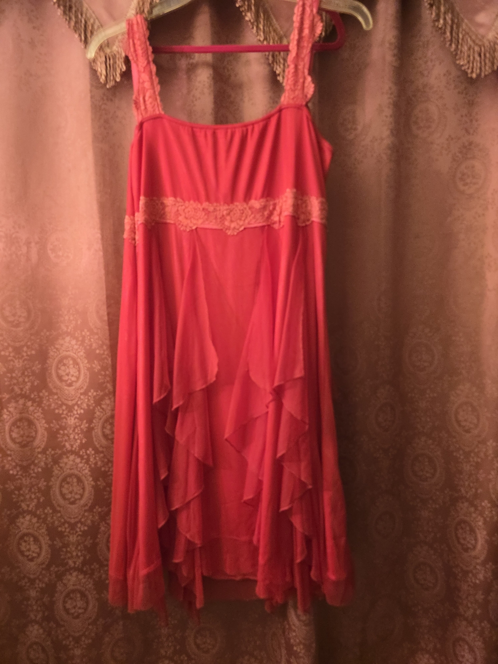Coral Pink Ruffled Lace-Trim Midi Dress